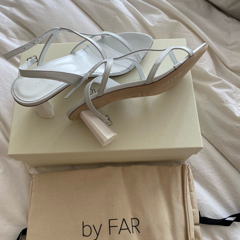 BY FAR Brigette Leather Sandal Heels in Optic White 39